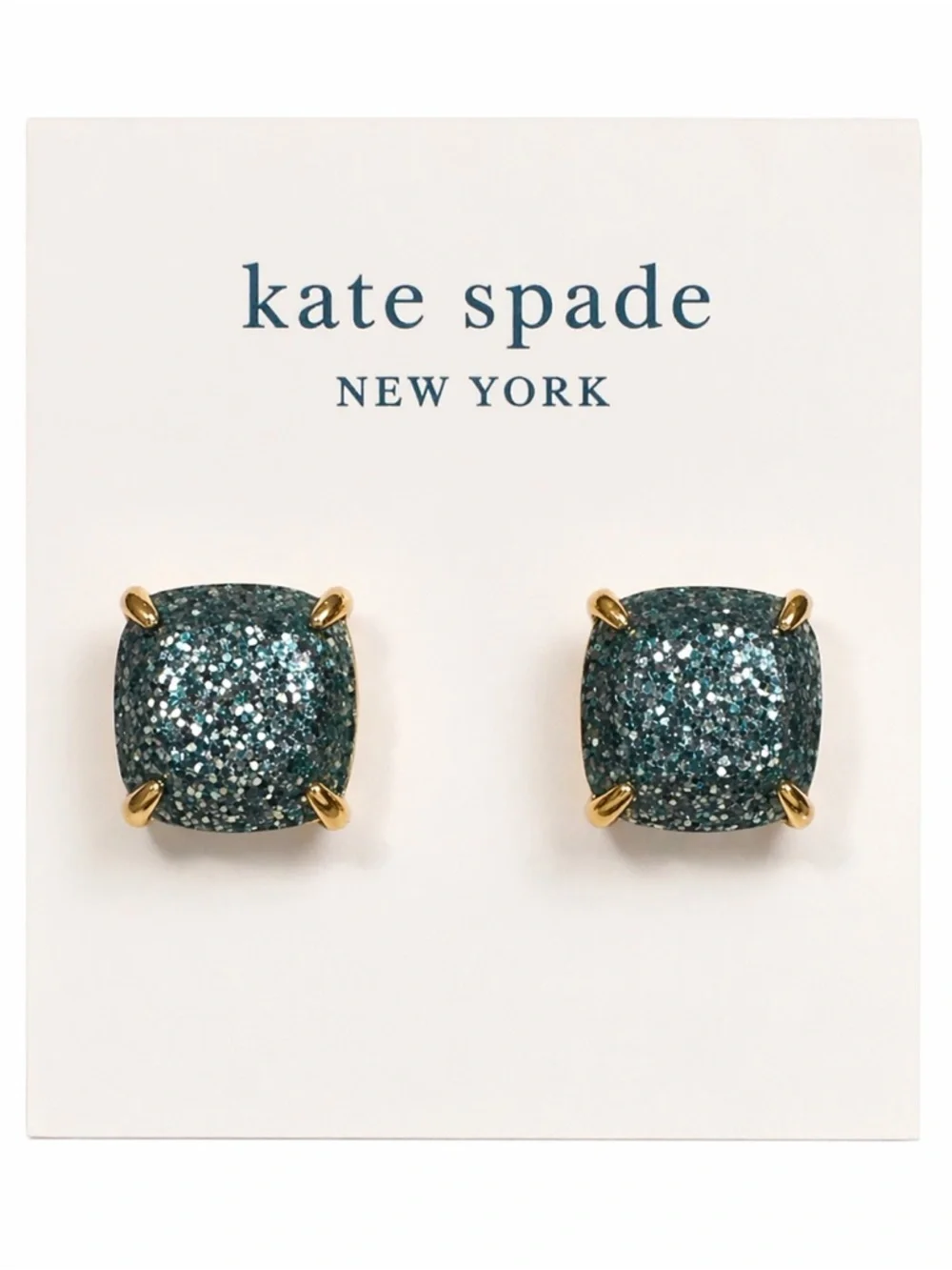 kate spade Teal Glitter Cushion Stud Earrings with Gold Tone Prongs
